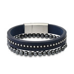 Hematite + Leather Bracelet Set // Navy Blue + Silver + Gray