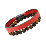 Anthony Jacobs // Tiger Eye + Braided Leather Bracelet Set // Red + Black + Brown