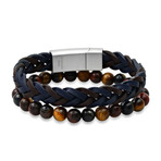 Tiger Eye + Braided Leather Bracelet Set // Black + Silver + Brown