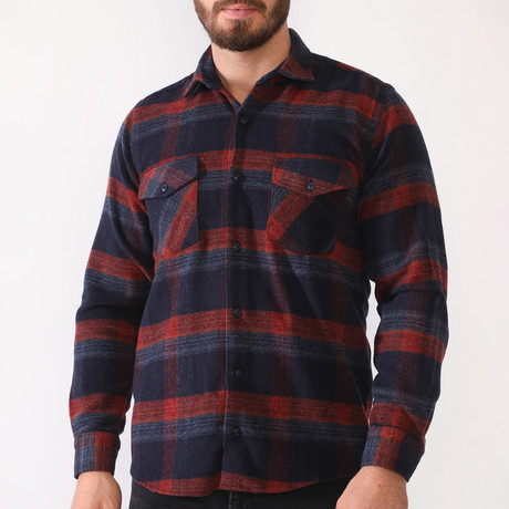 Barnardo Flannel Shirt // Dark Blue + Burgundy (Small)