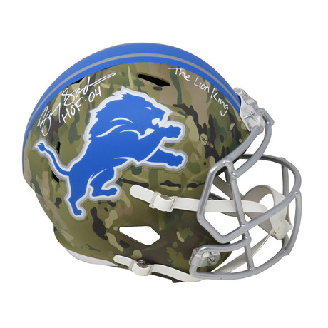 Barry Sanders // Detroit Lions // Signed Riddell Full Size Replica Helmet // w/ "HOF'04" + "The Lion King" Inscriptions // Camo