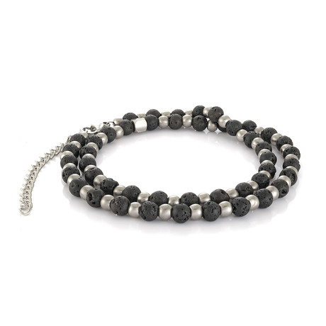 Double Wrap Lava Beaded Bracelet // Matte Black + Silver