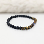 Matte Tiger's Eye + Agate + Lapis Lazuli Bead Bracelet // Brown + Black + Blue + Gold