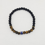 Matte Tiger's Eye + Agate + Lapis Lazuli Bead Bracelet // Brown + Black + Blue + Gold