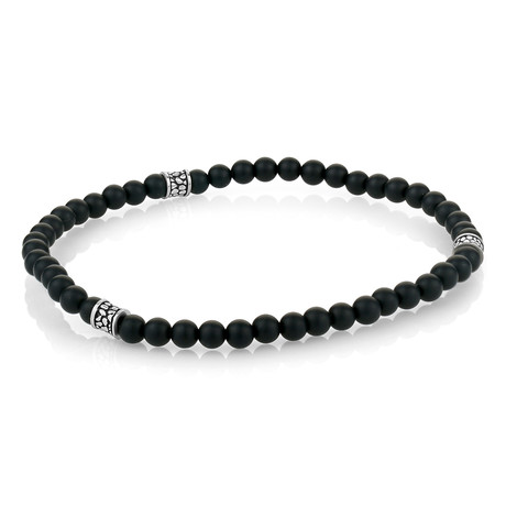 Stainless Steel Agate Stone Beaded Bracelet // 4mm // Black (S)