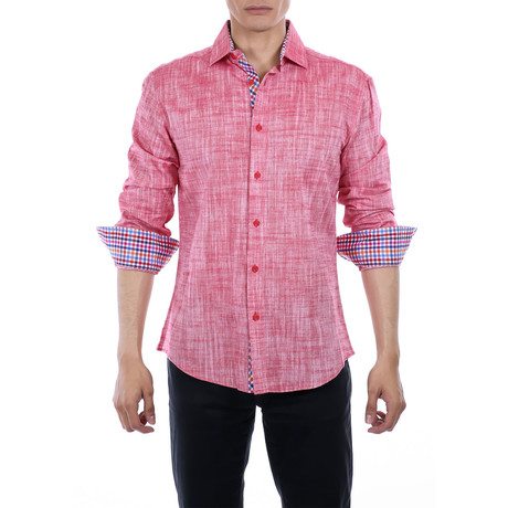 Gingham Cuff's & Plaket Detail Button Up Shirt // Red Melange + Multicolor (S)