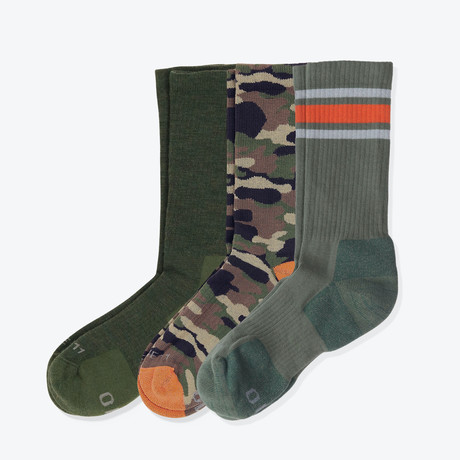 Explorer Socks // Pack of 3 // Olive Stripe + Camo + Forest Green (US: 8)