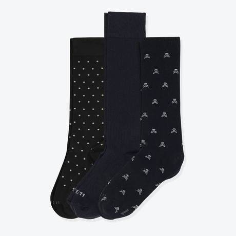 Professional V.I Socks // Pack of 3 // Black + Skulls + Black (US: 8)