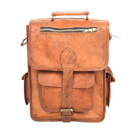 Vintage Style Leather Laptop Rucksack Backpack // 15” // Tan