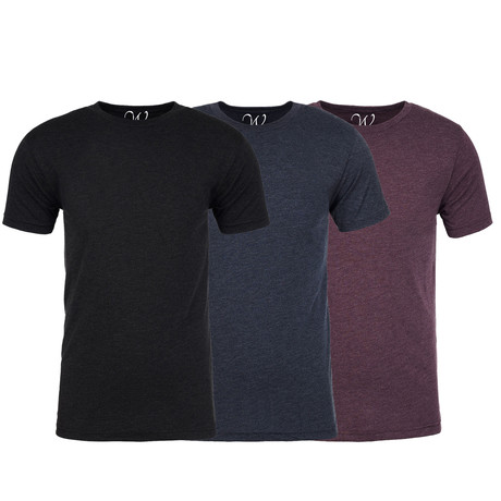 Soft Heathered Tri-blend Crew Neck T-Shirts // Black + Navy + Burgundy // Pack of 3 (S)