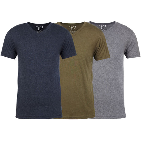Soft Heathered Tri-blend V-Neck T-Shirts // Navy + Military Green + Heather Gray // Pack of 3 (L)