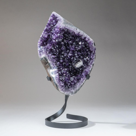 Genuine Polished Amethyst Cluster With Calcite + Metal Stand