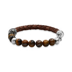 Braided Leather + Tiger Eye + Stainless Steel Charm Bracelet // Brown + Metallic