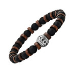 Lava + Wood + Stainless Steel Charm Beaded Bracelet // Brown + Black