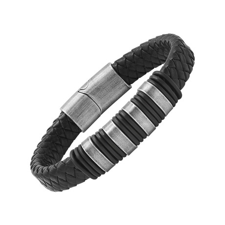 Braided Leather + Rubber + Stainless Steel Bracelet // Silver + Black
