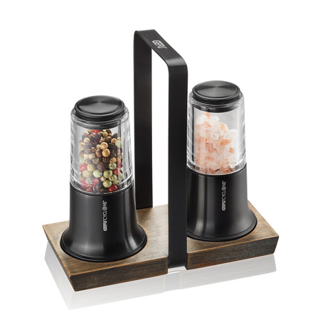 X-PLOSION Salt + Pepper Mill Set with Tray // Black // Set of 3