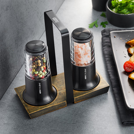 X-PLOSION Salt + Pepper Mill Set with Tray // Black // Set of 3