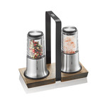 X-PLOSION Salt + Pepper Mill Set with Tray // Silver // Set of 3