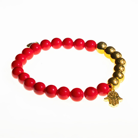 Jean Claude Jewelry // Hamsa + Howlite Beaded Bracelet // Red + Gold