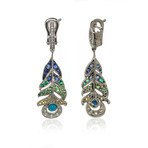 Lalique Peacock 18k White Gold Diamond + Sapphire Earrings // Store Display