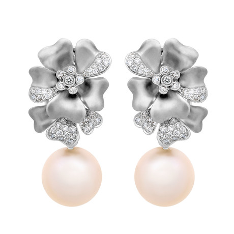 Assael 18k White Gold Diamond + Pearl Earrings III // Store Display
