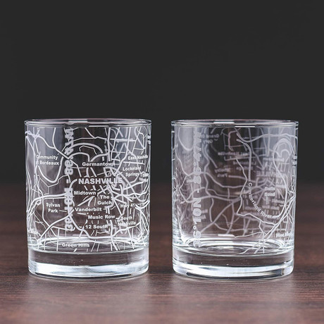 City Grid Etched Whiskey Glasses // Set of 2 // Nashville