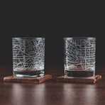 City Grid Etched Whiskey Glasses // Set of 2 // Detroit