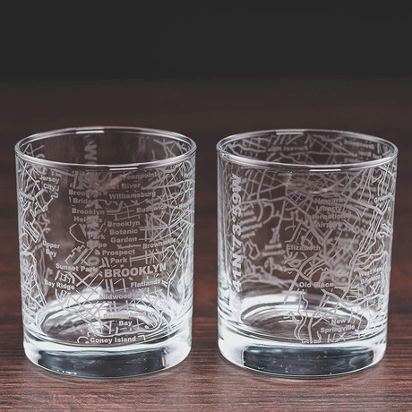 City Grid Etched Whiskey Glasses // Set of 2 // Brooklyn