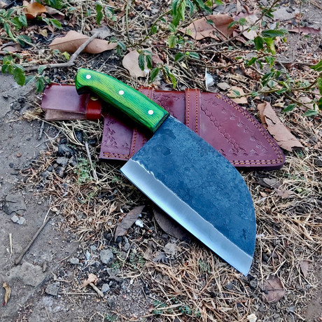Raw Forged High Carbon Cleaver // Green Curved Handle