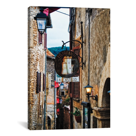 Medieval Street With Signs And Lamps, Sermoneta, Italy // George Oze (18"W x 26"H x 1.5"D)