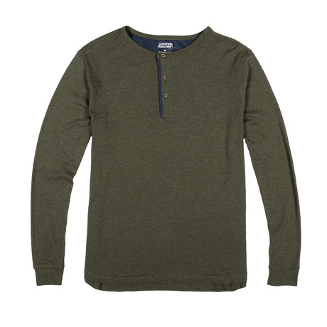Long-Sleeve Lightweight Henley + Contrasting Piping // Heather Green + Blue (S)