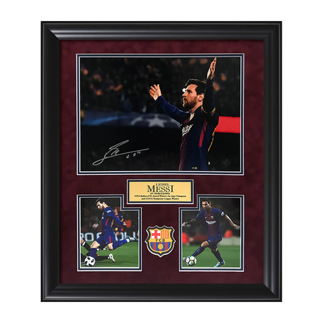Lionel Messi "Arms Up"// Framed + Signed Photograph // Barcelona