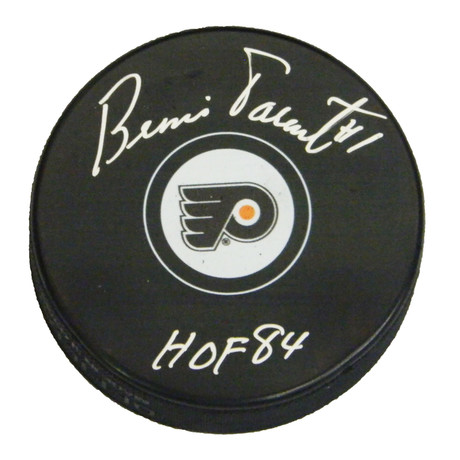 Bernie Parent // Philadelphia Flyers // Signed Logo Hockey Puck // "HOF'84" Inscription