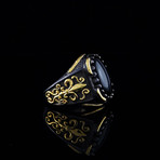 Fleur De Lis + Onyx Stone Ring // Gold Coated 925 Sterling Silver (5.5)