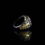 Fleur De Lis + Onyx Stone Ring // Gold Coated 925 Sterling Silver (5.5)