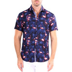 Flocking Amazing' Flamingo Short Sleeve Button Up Shirt // Navy (XS)