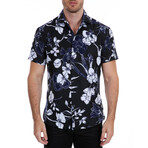 Floral Short Sleeve Button Up Shirt // Navy + White (XS)