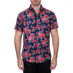 Floral Short Sleeve Button Up Shirt // Navy + Red (S)