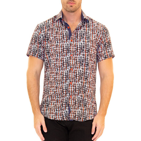 Weave Pattern Short Sleeve Button Up Shirt // Navy (XS)