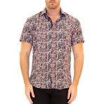 Weave Pattern Short Sleeve Button Up Shirt // Navy (S)