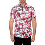 Floral Short Sleeve Button Up Shirt // White + Red (L)
