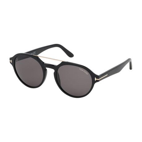 Men's Stan Round Double Bridge Sunglasses // Shiny Black + Dark Gray