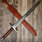 Viking Damascus Sanmai Raindrop Sword // Leather Wrapped Walnut Handle