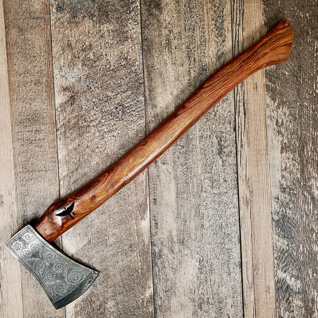 Damascus Axe // Hand Engraved Head // Full Walnut Handle