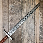 Viking Damascus Sanmai Raindrop Sword // Leather Wrapped Walnut Handle