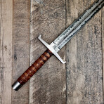 Viking Damascus Sanmai Raindrop Sword // Leather Wrapped Walnut Handle