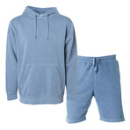 Pigment Dyed Hoodie + Shorts Set // Denim (XL)
