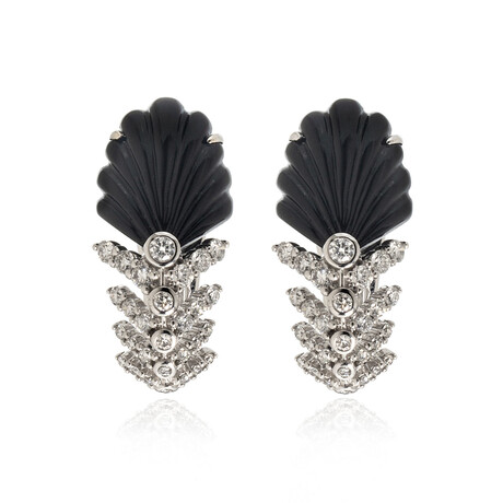 Lalique Lys 18k White Gold + Diamond + Onyx Earrings // Store Display