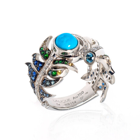 Lalique Paon 18k White Gold + Diamond + Turquoise // Ring Size 7 // Store Display