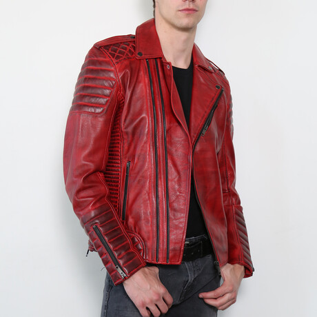Quilted Motorcycle Leather Jacket // Charcoal + Red (XS)